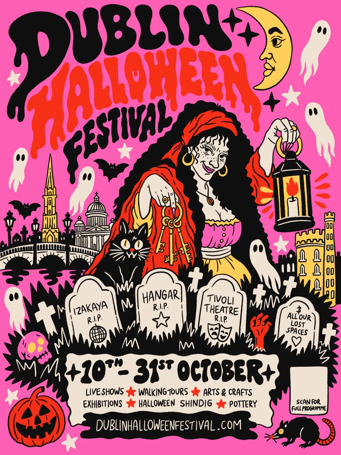 Dublin Halloween Festival poster: 10th to 31st October. Live shows, walking tours, arts and crafts, exhibitions, Halloween shindig, pottery. dublinhalloweenfestival.com
